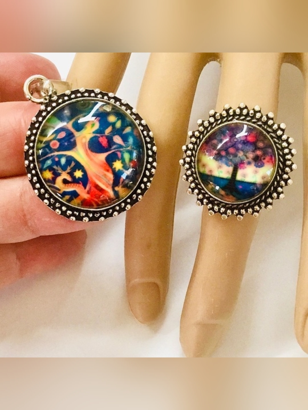 Artisan Glass Ring (Size 7) & Pendant Set